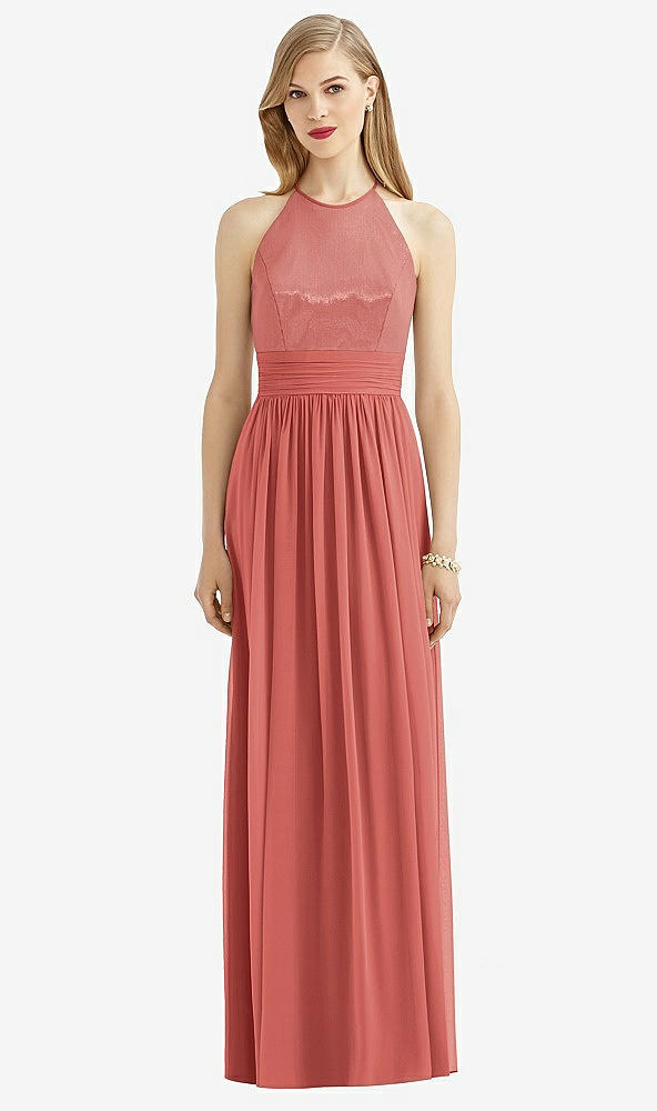 Front View - Coral Pink Halter Lux Chiffon Sequin Bodice Dress