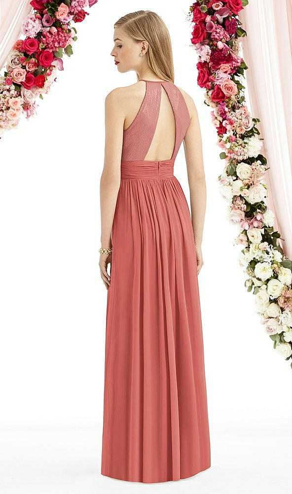 Back View - Coral Pink Halter Lux Chiffon Sequin Bodice Dress