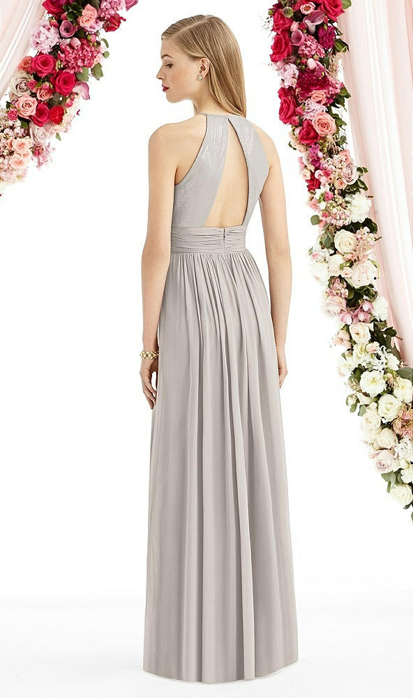 Back View - Taupe Halter Lux Chiffon Sequin Bodice Dress