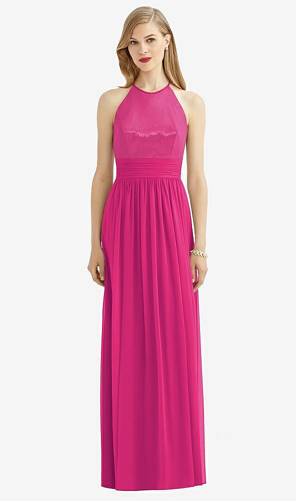 Front View - Think Pink Halter Lux Chiffon Sequin Bodice Dress
