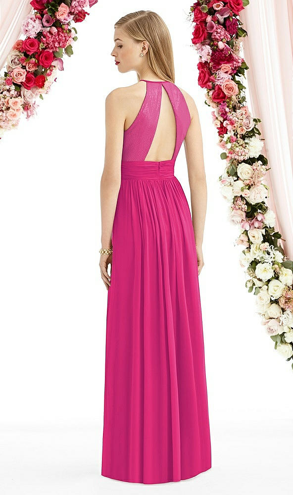 Back View - Think Pink Halter Lux Chiffon Sequin Bodice Dress