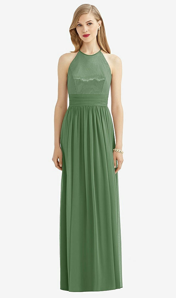 Front View - Vineyard Green Halter Lux Chiffon Sequin Bodice Dress