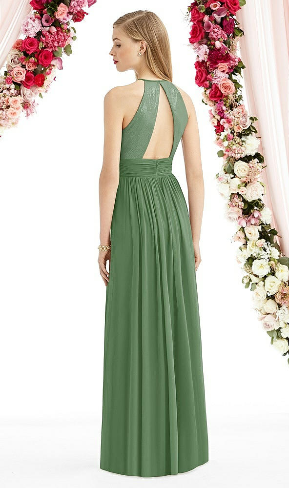 Back View - Vineyard Green Halter Lux Chiffon Sequin Bodice Dress