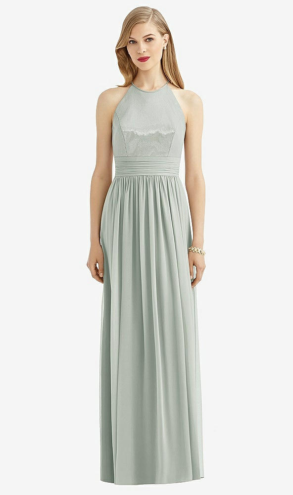 Front View - Willow Green Halter Lux Chiffon Sequin Bodice Dress