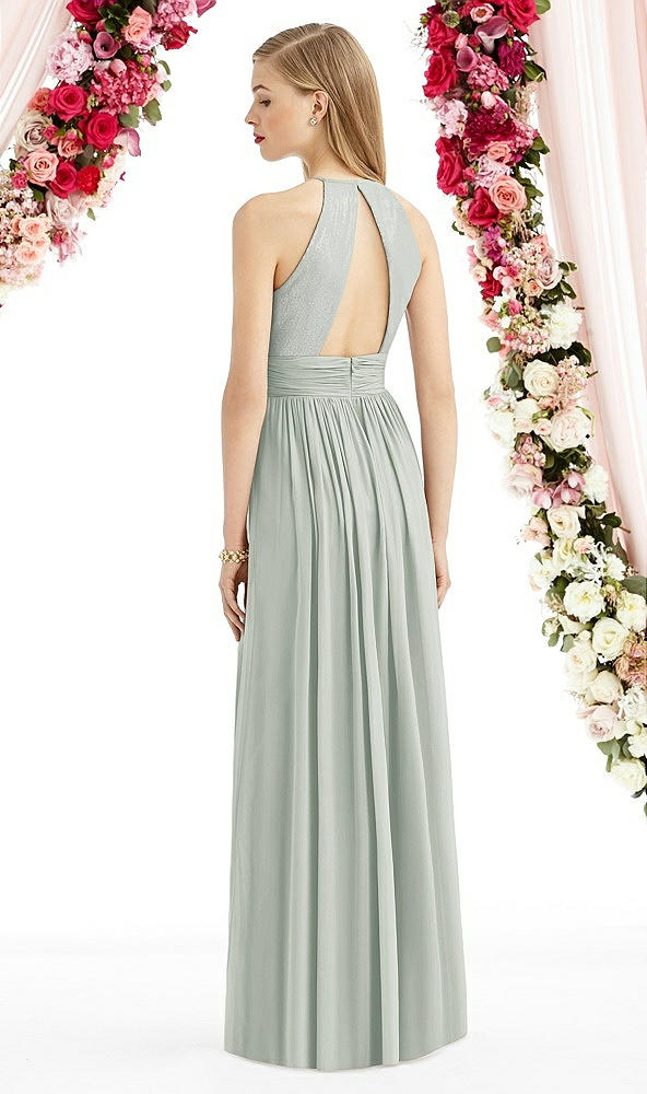 Back View - Willow Green Halter Lux Chiffon Sequin Bodice Dress