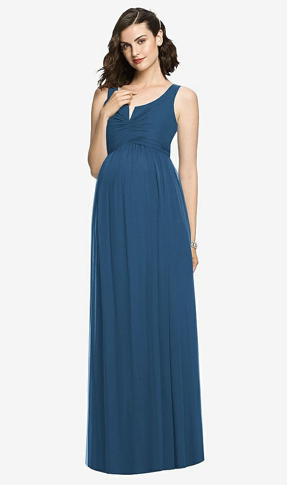 Front View - Dusk Blue Sleeveless Notch Maternity Dress