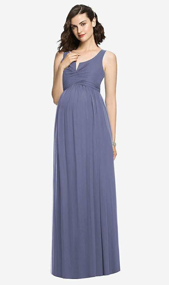 Front View - French Blue Sleeveless Notch Maternity Dress