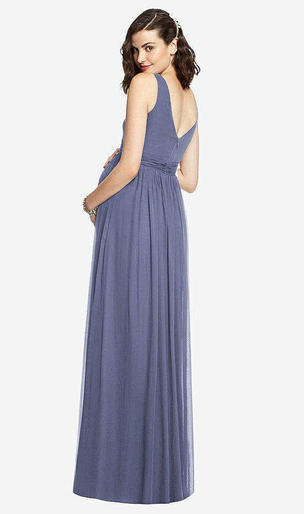 Back View - French Blue Sleeveless Notch Maternity Dress
