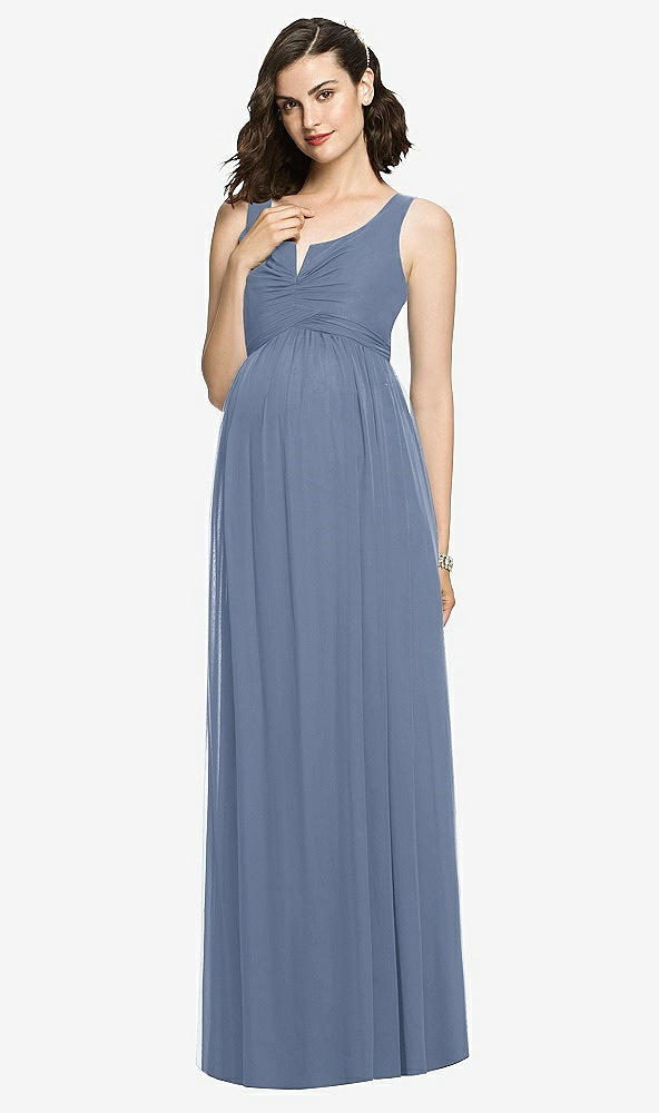 Front View - Larkspur Blue Sleeveless Notch Maternity Dress