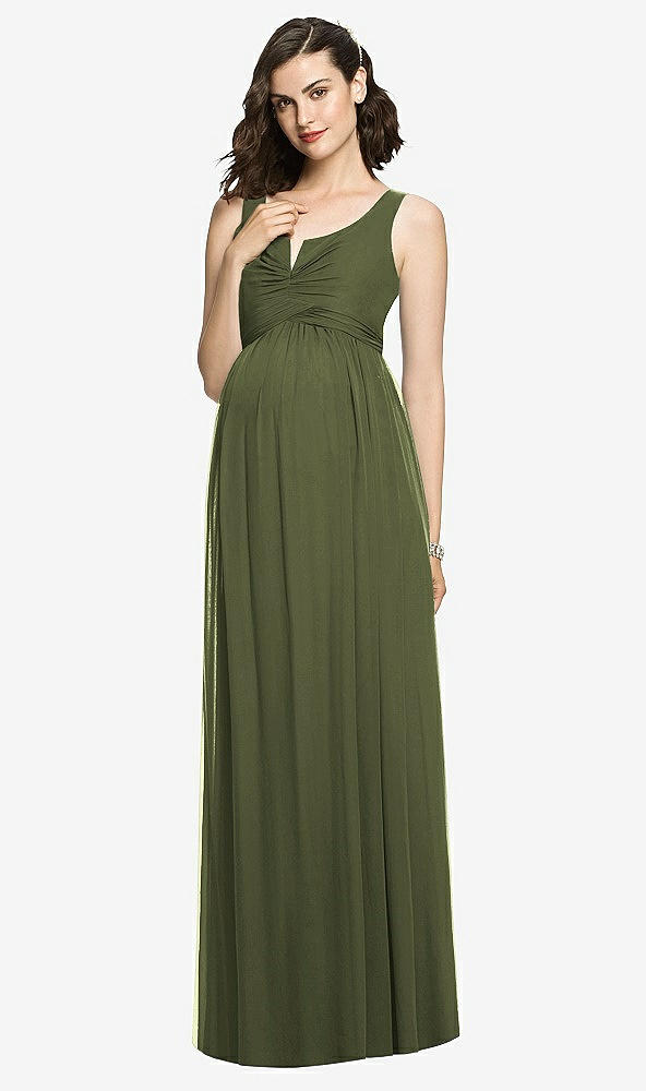 Front View - Olive Green Sleeveless Notch Maternity Dress