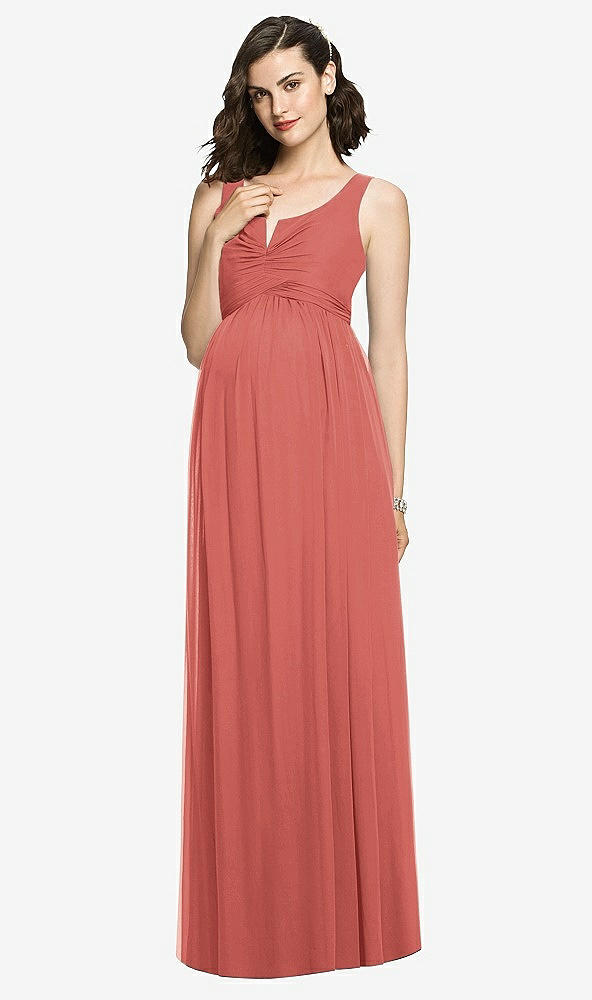Front View - Coral Pink Sleeveless Notch Maternity Dress