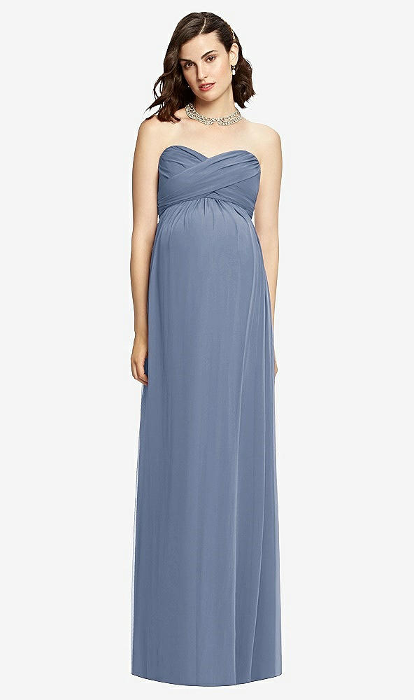 Front View - Larkspur Blue Draped Bodice Strapless Maternity Dress