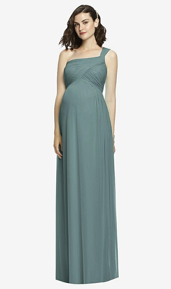 Front View - Smoke Blue Alfred Sung Maternity Dress Style M427