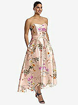 Alt View 1 Thumbnail - Butterfly Botanica Pink Sand Strapless Floral Satin High Low Dress with Pockets