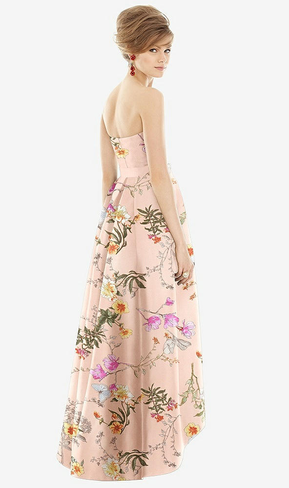 Back View - Butterfly Botanica Pink Sand Strapless Floral Satin High Low Dress with Pockets