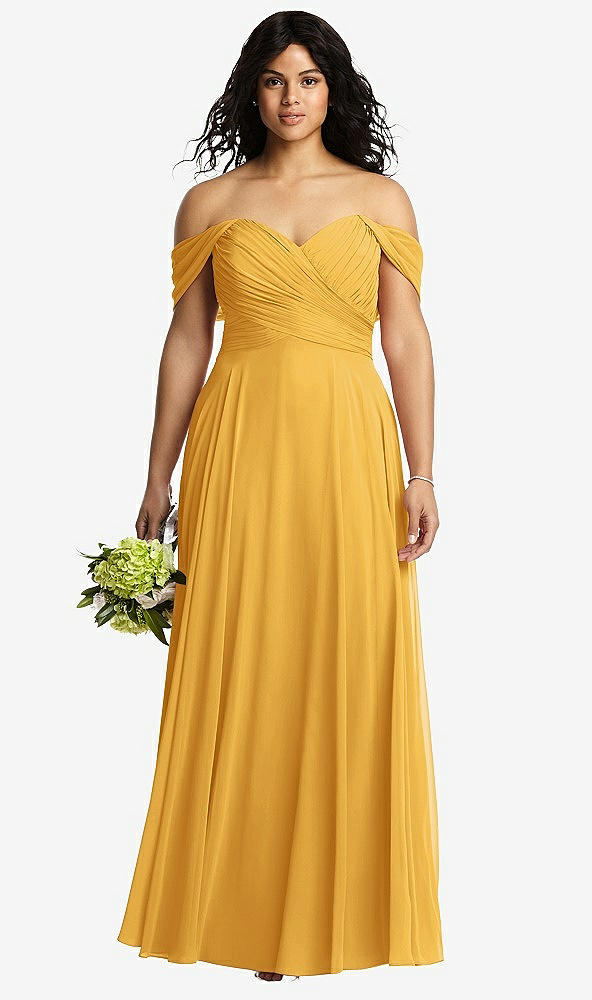 Front View - NYC Yellow Off-the-Shoulder Draped Chiffon Maxi Dress