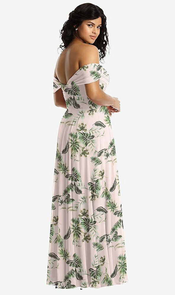 Back View - Palm Beach Print Off-the-Shoulder Draped Chiffon Maxi Dress