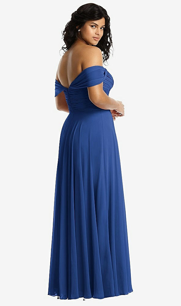 Back View - Classic Blue Off-the-Shoulder Draped Chiffon Maxi Dress