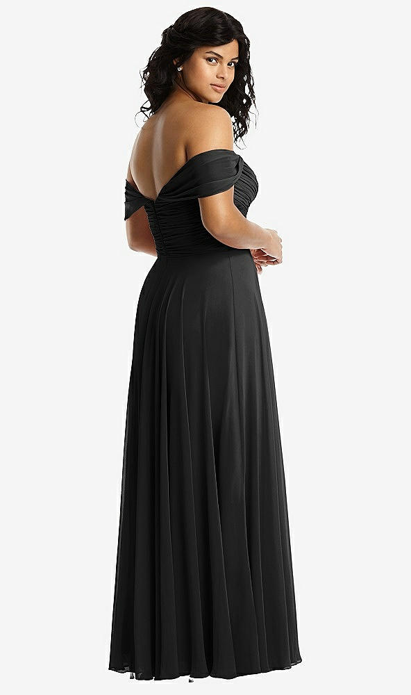 Back View - Black Off-the-Shoulder Draped Chiffon Maxi Dress