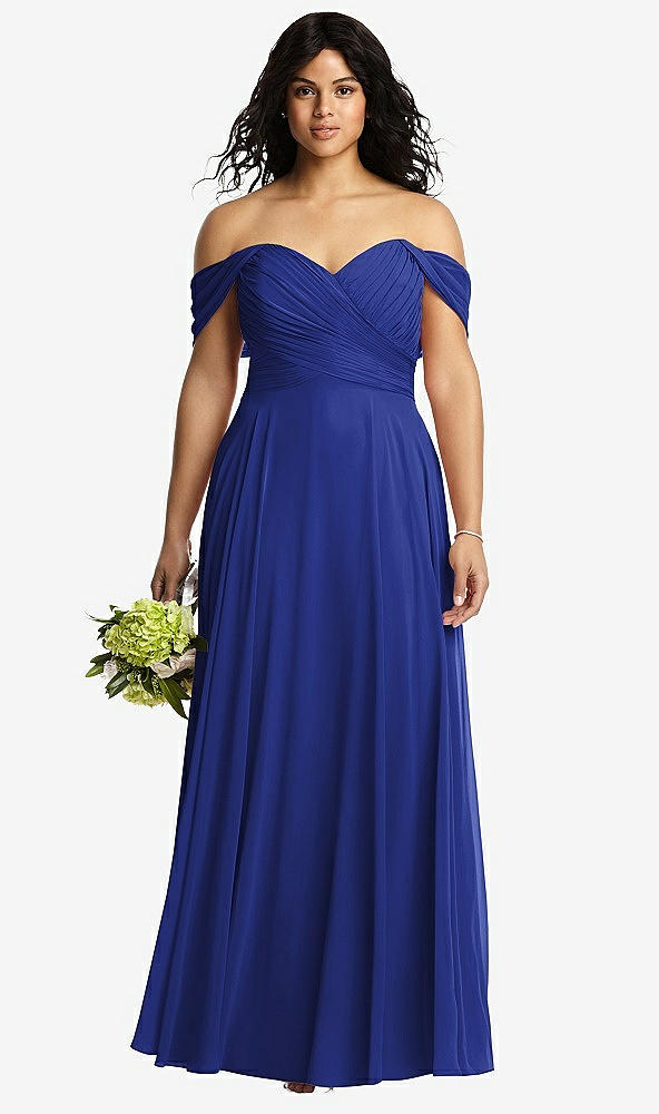 Front View - Cobalt Blue Off-the-Shoulder Draped Chiffon Maxi Dress