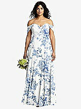 Front View Thumbnail - Cottage Rose Dusk Blue Off-the-Shoulder Draped Chiffon Maxi Dress