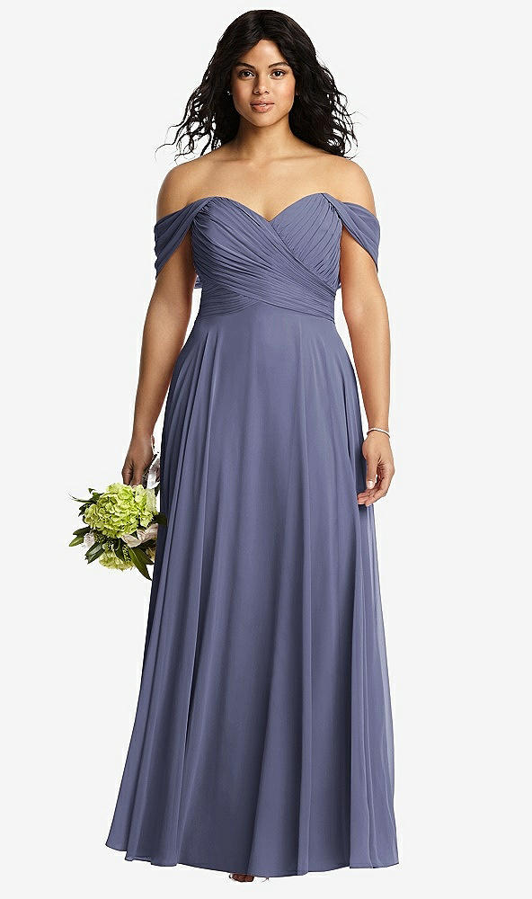 Front View - French Blue Off-the-Shoulder Draped Chiffon Maxi Dress