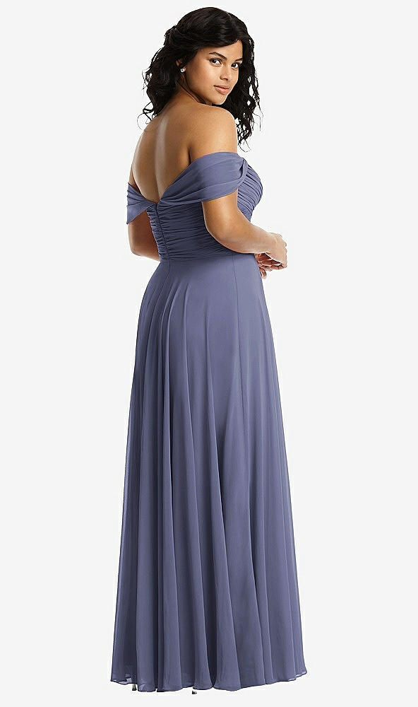 Back View - French Blue Off-the-Shoulder Draped Chiffon Maxi Dress