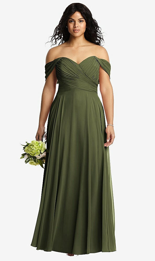 Front View - Olive Green Off-the-Shoulder Draped Chiffon Maxi Dress