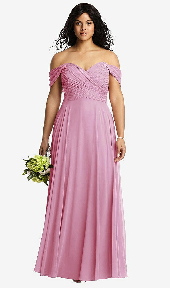 Front View - Powder Pink Off-the-Shoulder Draped Chiffon Maxi Dress
