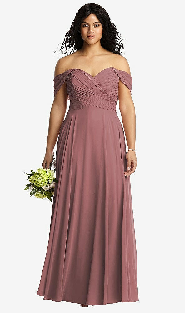 Front View - Rosewood Off-the-Shoulder Draped Chiffon Maxi Dress