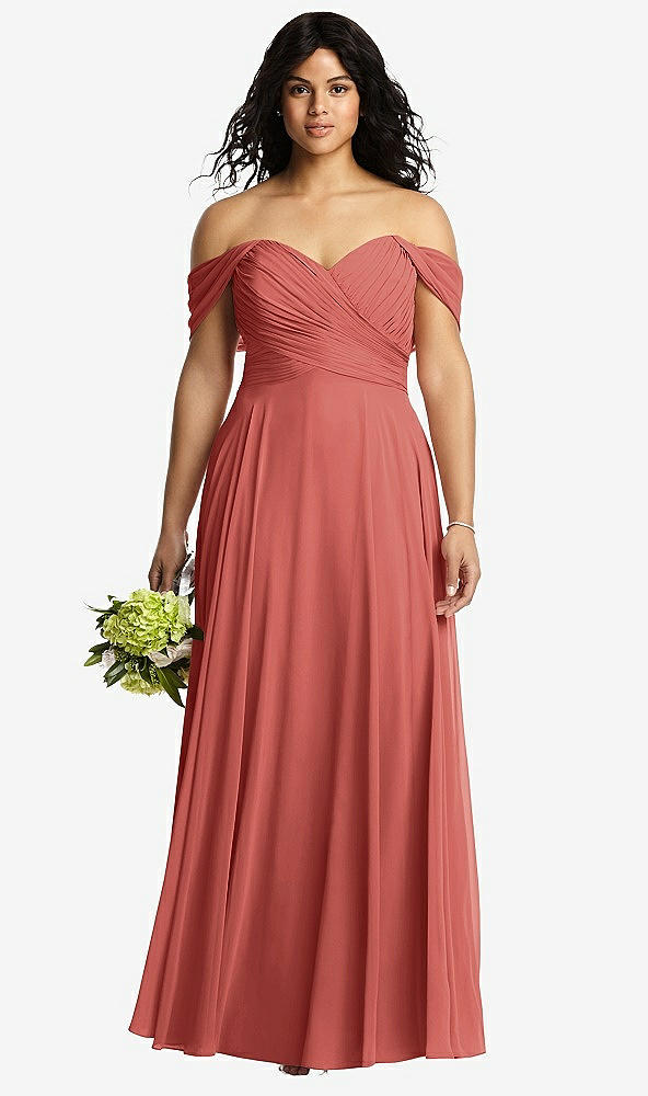 Front View - Coral Pink Off-the-Shoulder Draped Chiffon Maxi Dress