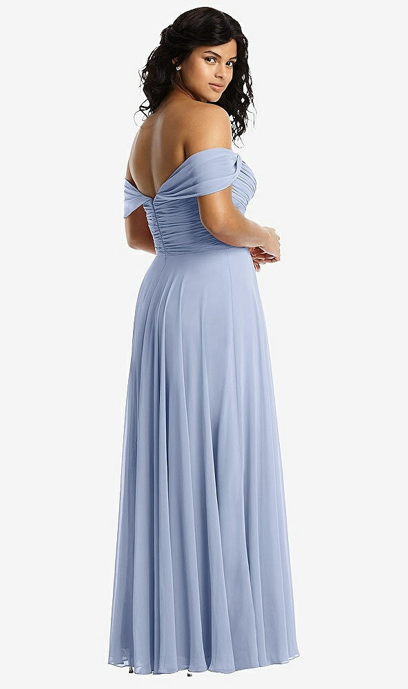 Back View - Sky Blue Off-the-Shoulder Draped Chiffon Maxi Dress