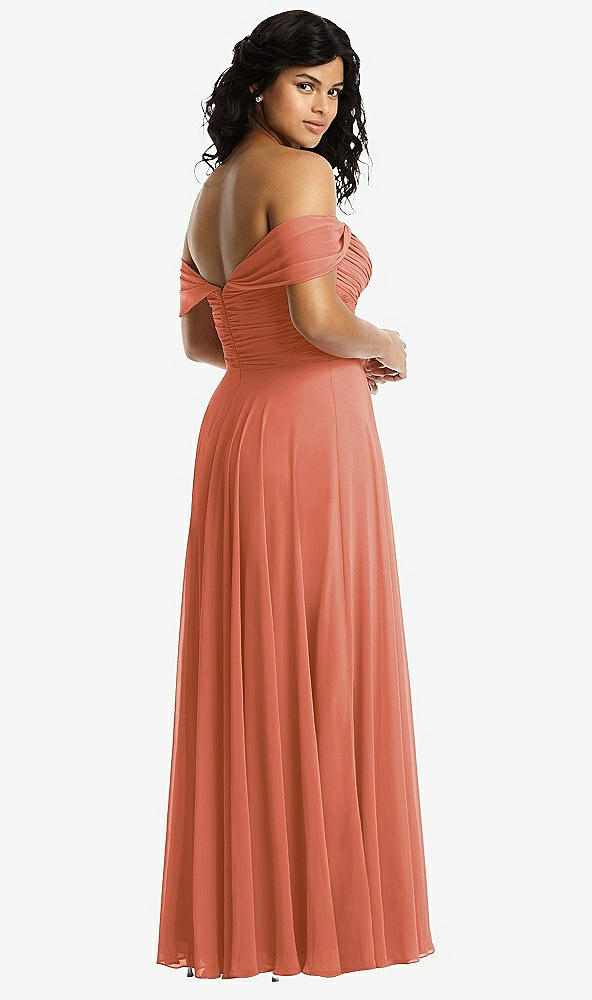 Back View - Terracotta Copper Off-the-Shoulder Draped Chiffon Maxi Dress