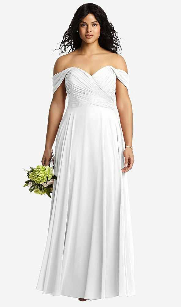 Front View - White Off-the-Shoulder Draped Chiffon Maxi Dress