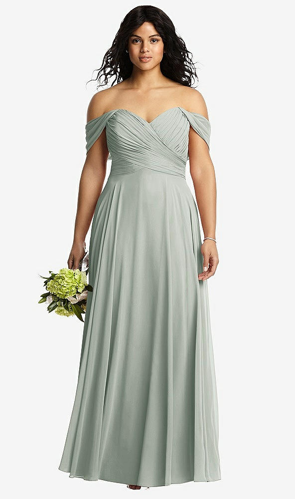 Front View - Willow Green Off-the-Shoulder Draped Chiffon Maxi Dress