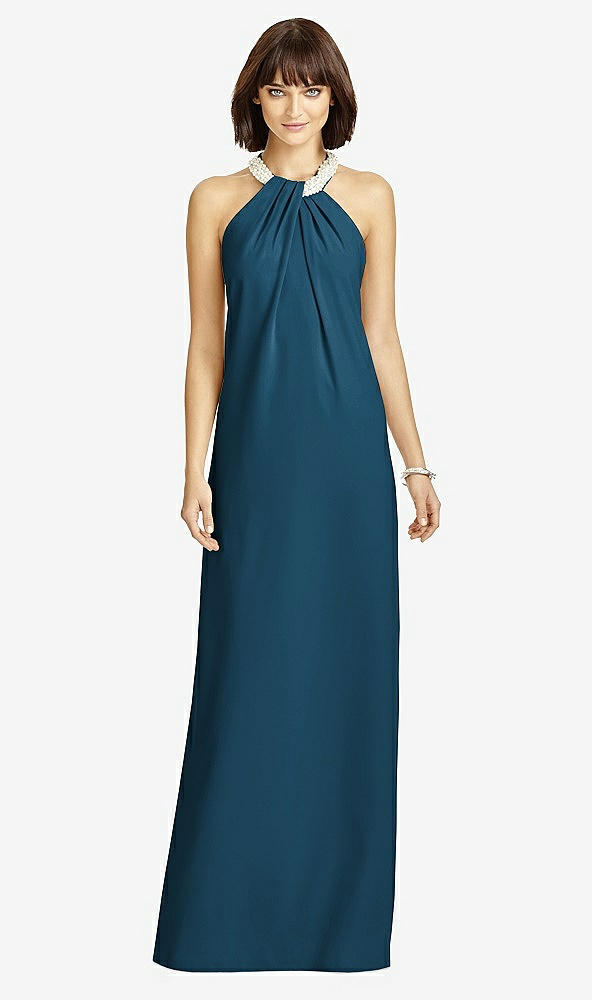 Front View - Atlantic Blue Full Length Crepe Halter Neckline Dress