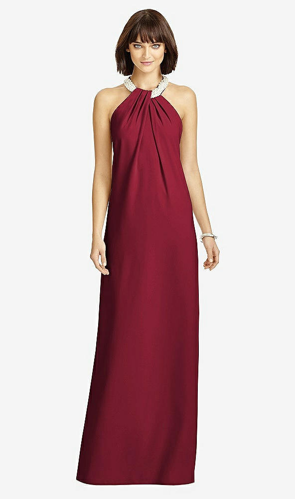Front View - Burgundy Full Length Crepe Halter Neckline Dress