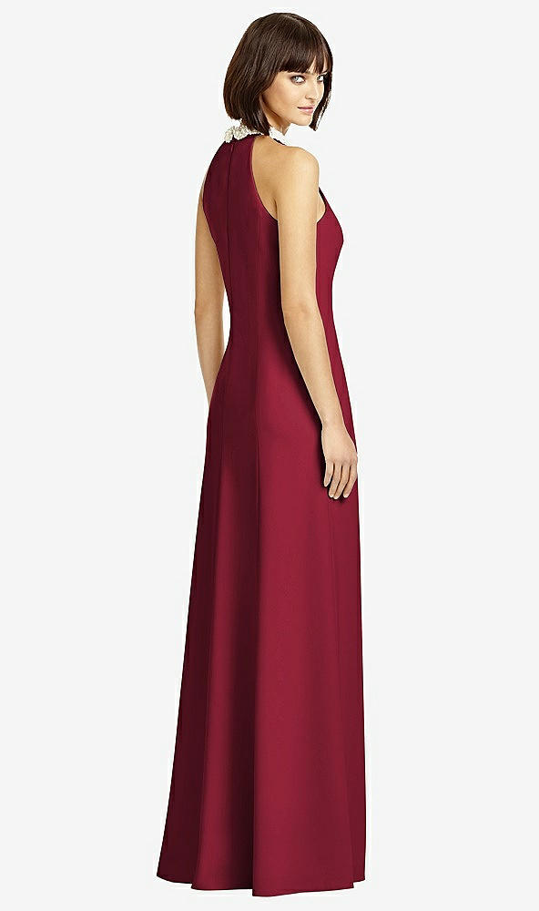 Back View - Burgundy Full Length Crepe Halter Neckline Dress