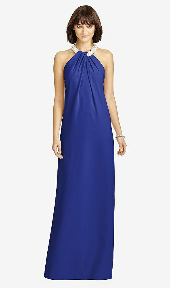 Front View - Cobalt Blue Full Length Crepe Halter Neckline Dress