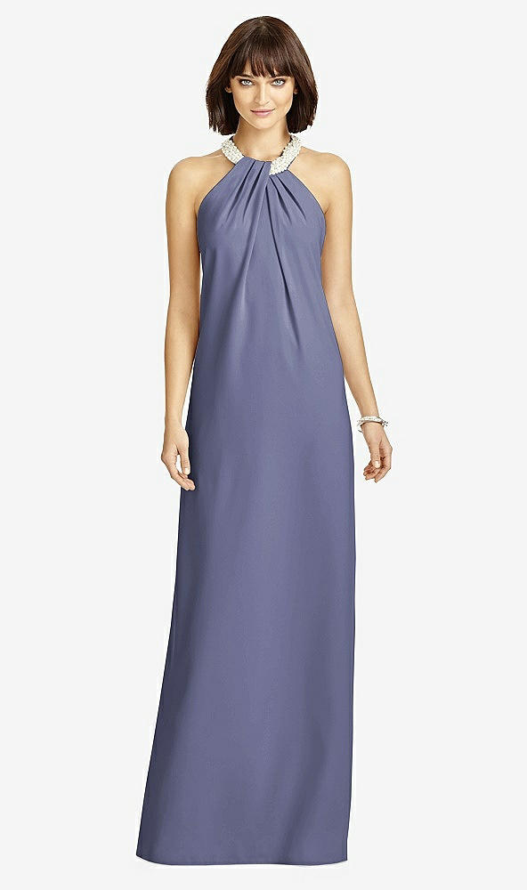 Front View - French Blue Full Length Crepe Halter Neckline Dress