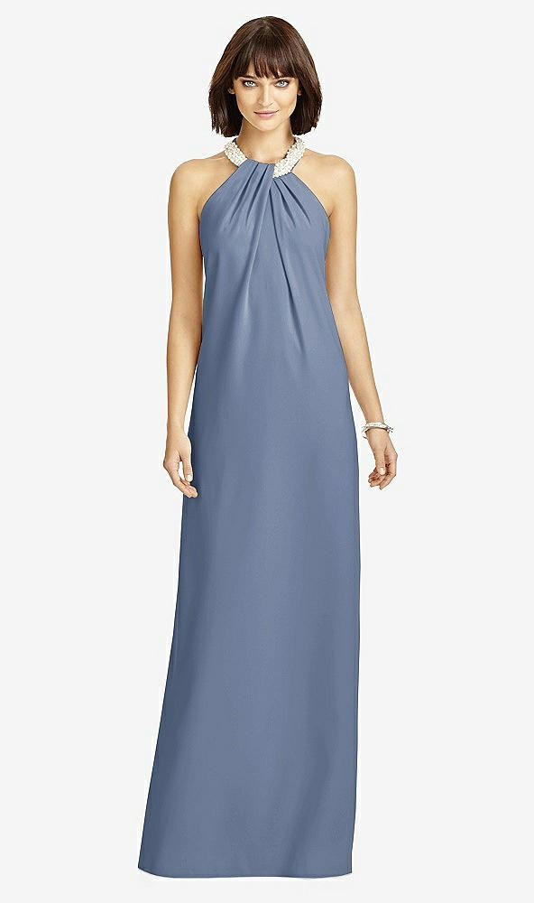 Front View - Larkspur Blue Full Length Crepe Halter Neckline Dress