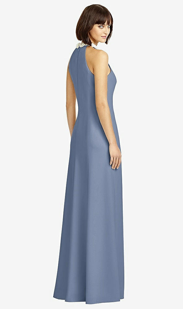 Back View - Larkspur Blue Full Length Crepe Halter Neckline Dress