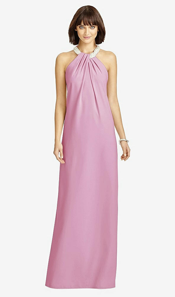 Front View - Powder Pink Full Length Crepe Halter Neckline Dress