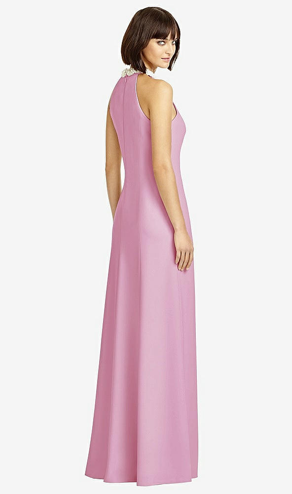 Back View - Powder Pink Full Length Crepe Halter Neckline Dress
