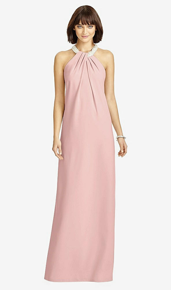 Front View - Rose - PANTONE Rose Quartz Full Length Crepe Halter Neckline Dress