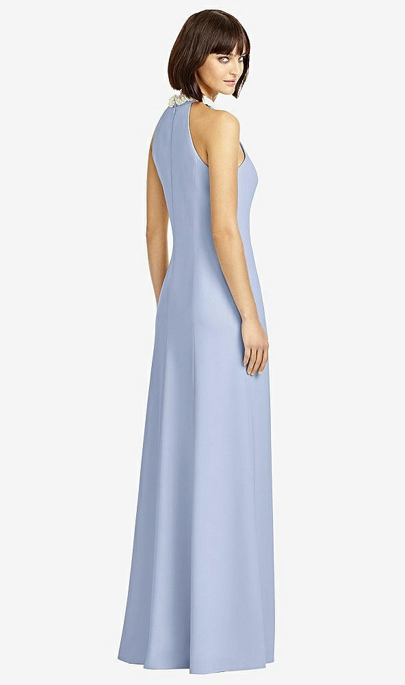 Back View - Sky Blue Full Length Crepe Halter Neckline Dress