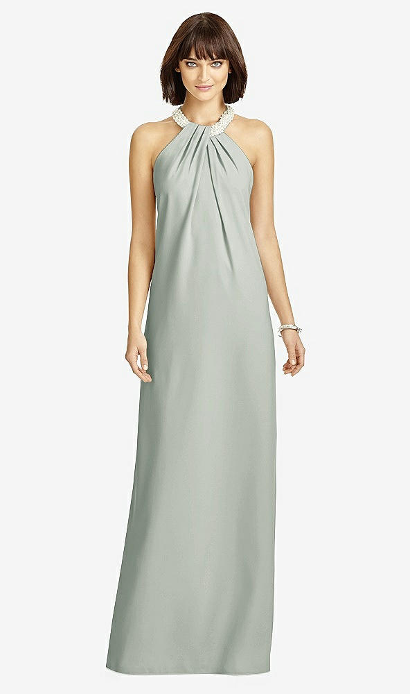 Front View - Willow Green Full Length Crepe Halter Neckline Dress