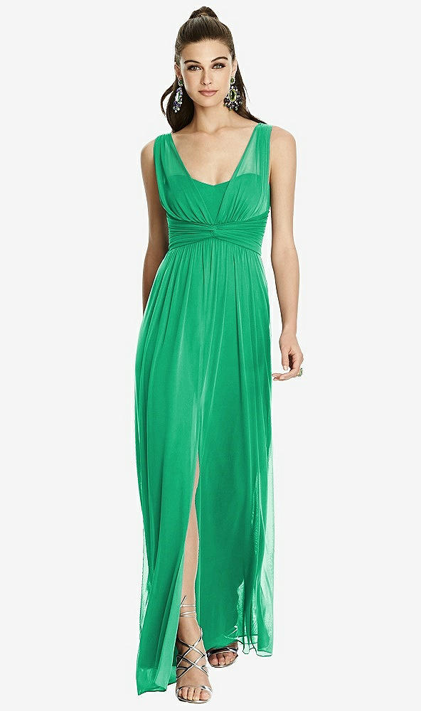 Front View - Pantone Emerald Maxi Chiffon Knit Shirred Strap Dress