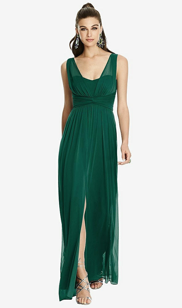 Front View - Hunter Green Maxi Chiffon Knit Shirred Strap Dress