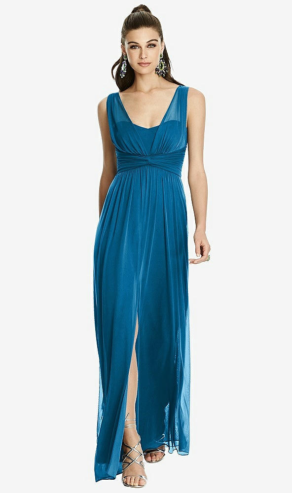 Front View - Ocean Blue Maxi Chiffon Knit Shirred Strap Dress